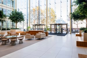 Atrium with lounge seating in an online bank's London office, furnished by JPA Workspaces