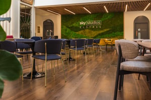 Dining area at Sky Studios Elstree, furnished by JPA Workspaces with pre-owned furniture