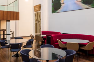 Cafe seating at Sky Studios Elstree, furnished by JPA Workspaces with reused furniture